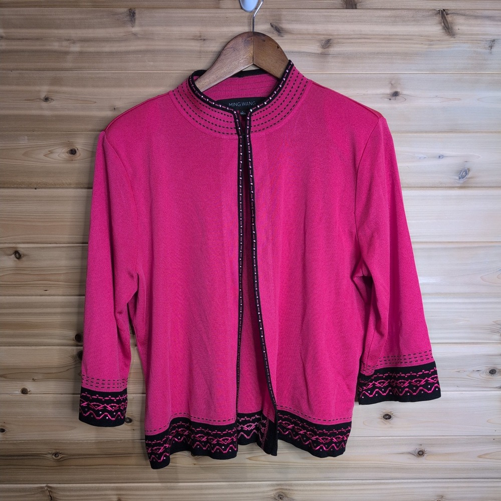 Ming Wang Pink Black Knit Open Front Cardigan Jacket Mock Neck Studded Large